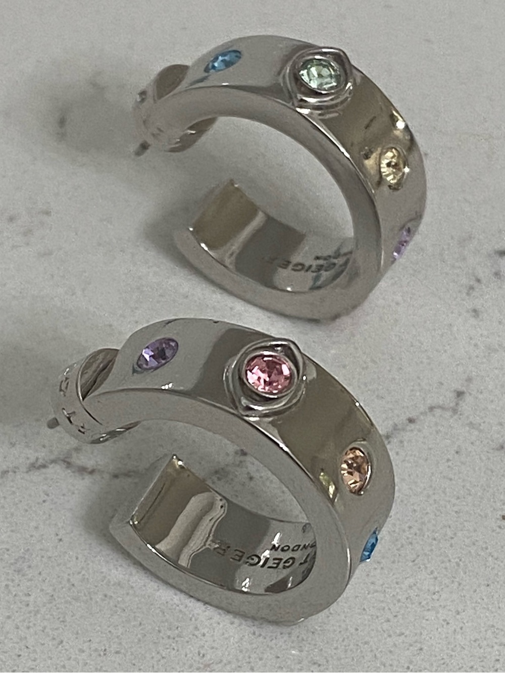Kurt Geiger London Metal Eye Huggies Silver Multi Color Stones NWOT